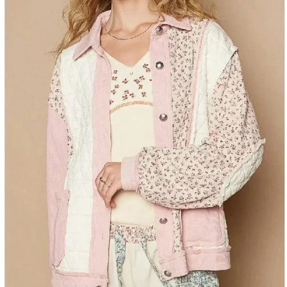 Pink Multi Casual Women's Floral Exposed Seam Button Up Quilted Jacket - Picture 2 of 5